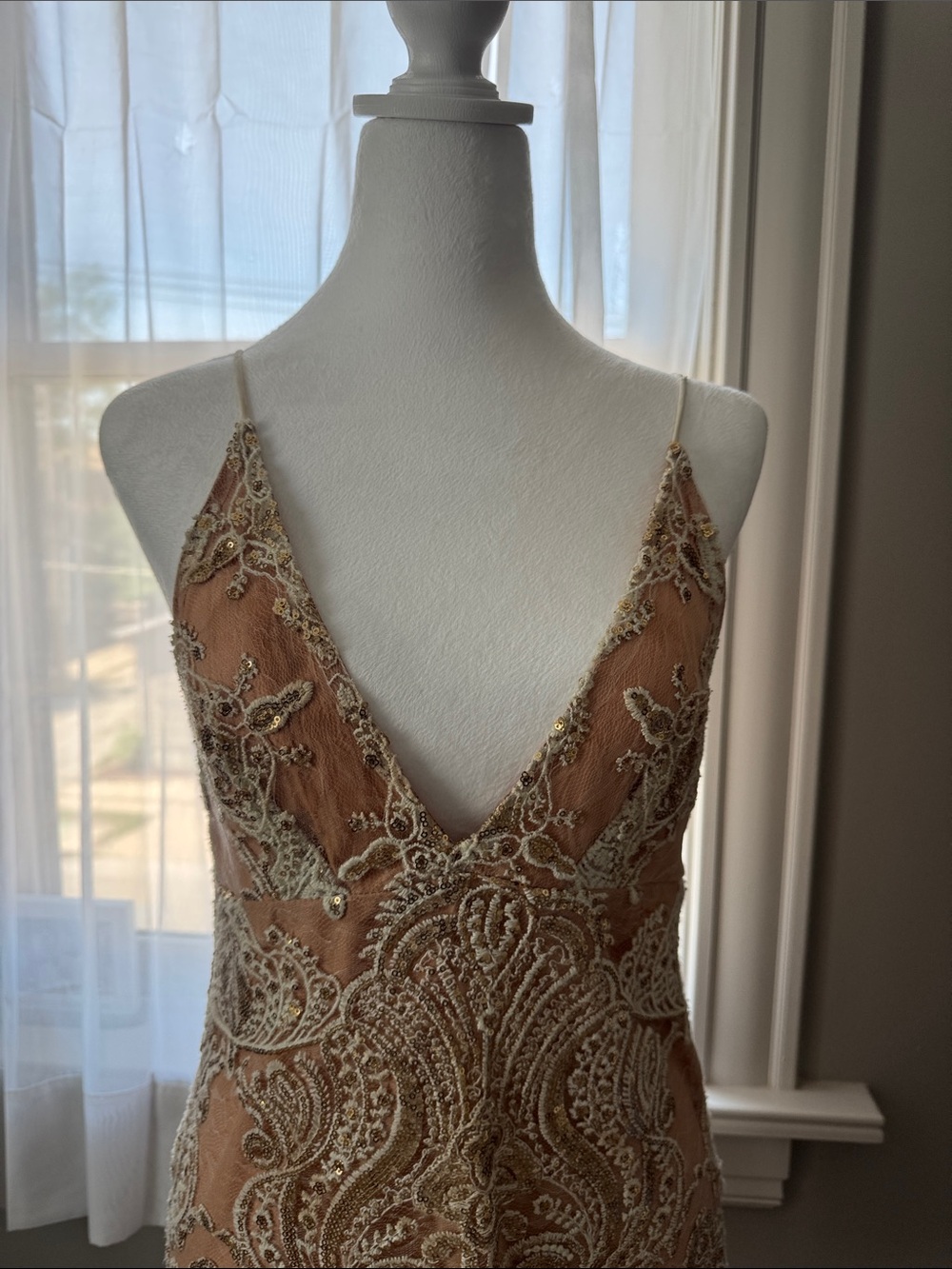 Free People Embellished V-Neck Dress in Blush Tan